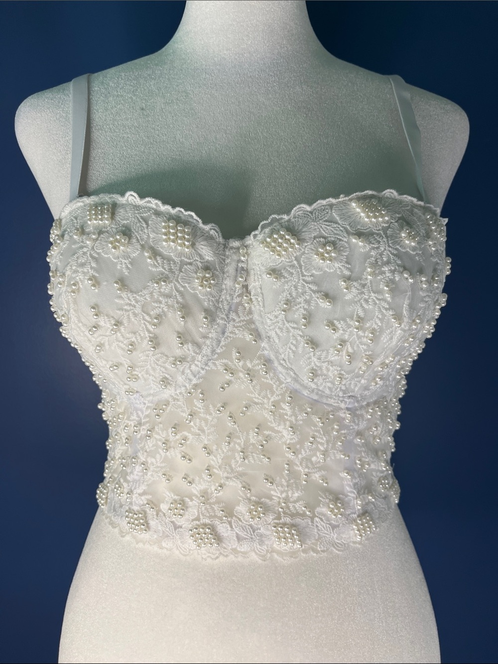 Windsor White Beaded pearly Lace Bustier Women's Intimates, XS bridal, underwire